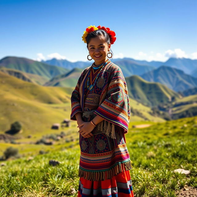 A young Inca woman dressed in traditional colorful attire, featuring intricate patterns and vibrant colors, standing in a lush green Andean landscape