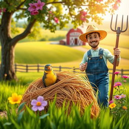 A whimsical scene depicting a farmer arriving at a picturesque farm, with a vibrant landscape of fields and a classic red barn in the background