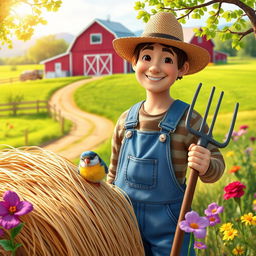 A whimsical scene depicting a farmer arriving at a picturesque farm, with a vibrant landscape of fields and a classic red barn in the background