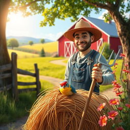 A whimsical scene depicting a farmer arriving at a picturesque farm, with a vibrant landscape of fields and a classic red barn in the background