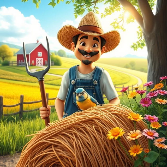 A whimsical scene depicting a farmer arriving at a picturesque farm, with a vibrant landscape of fields and a classic red barn in the background