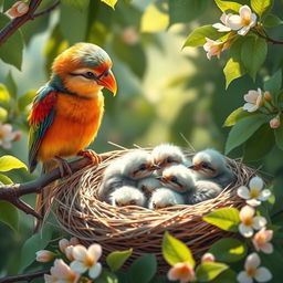 A heartwarming scene featuring a colorful bird sitting on a branch, animatedly talking to a group of adorable baby birds nestled in a cozy nest