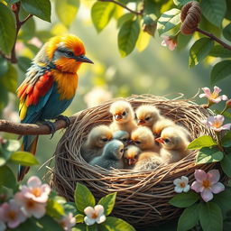 A heartwarming scene featuring a colorful bird sitting on a branch, animatedly talking to a group of adorable baby birds nestled in a cozy nest