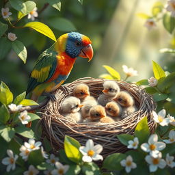 A heartwarming scene featuring a colorful bird sitting on a branch, animatedly talking to a group of adorable baby birds nestled in a cozy nest