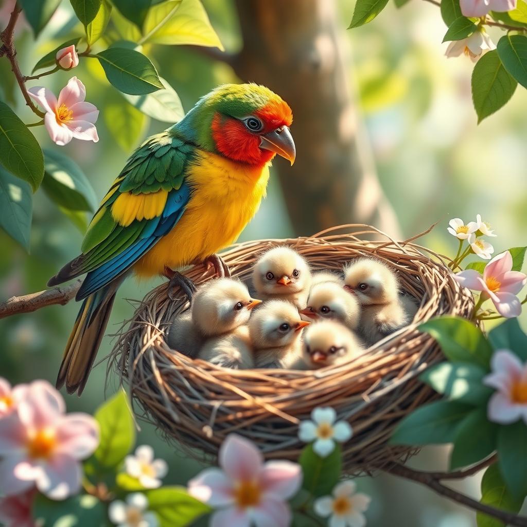 A heartwarming scene featuring a colorful bird sitting on a branch, animatedly talking to a group of adorable baby birds nestled in a cozy nest