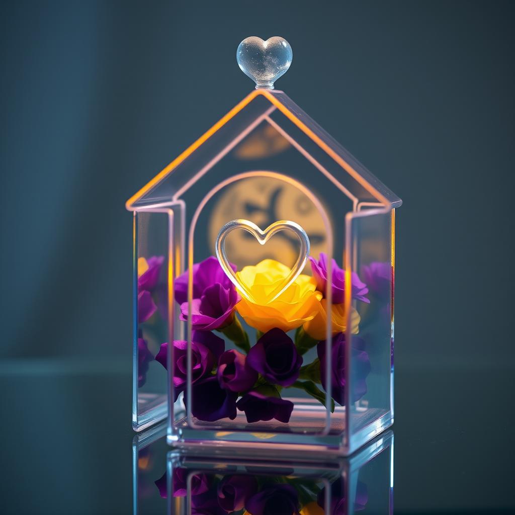 A beautiful miniature transparent glass house featuring an intricate design, with a delicate heart shape carefully placed inside