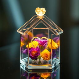 A beautiful miniature transparent glass house featuring an intricate design, with a delicate heart shape carefully placed inside