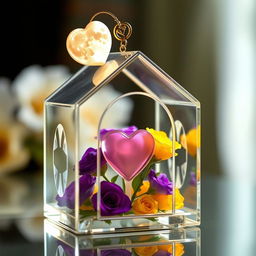 A beautiful miniature transparent glass house featuring an intricate design, with a delicate heart shape carefully placed inside
