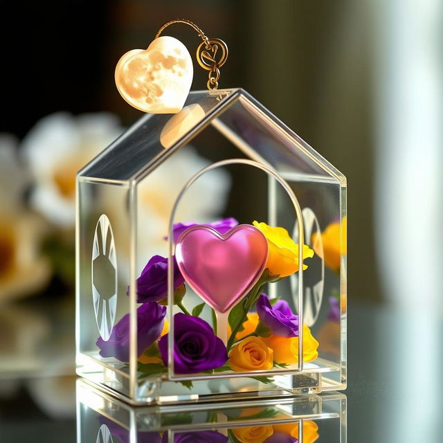 A beautiful miniature transparent glass house featuring an intricate design, with a delicate heart shape carefully placed inside