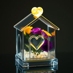 A beautiful miniature transparent glass house featuring an intricate design, with a delicate heart shape carefully placed inside