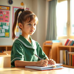 A student girl wearing a green school uniform, sitting in a cozy, well-lit classroom