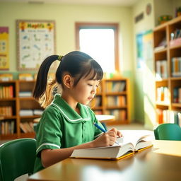 A student girl wearing a green school uniform, sitting in a cozy, well-lit classroom