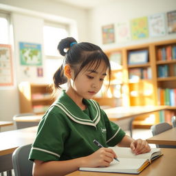 A student girl wearing a green school uniform, sitting in a cozy, well-lit classroom