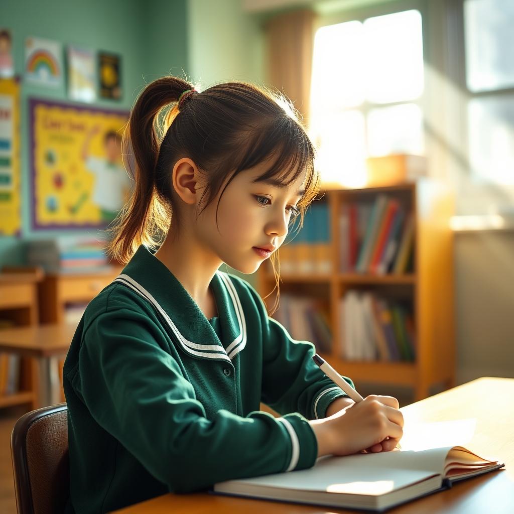 A student girl wearing a green school uniform, sitting in a cozy, well-lit classroom