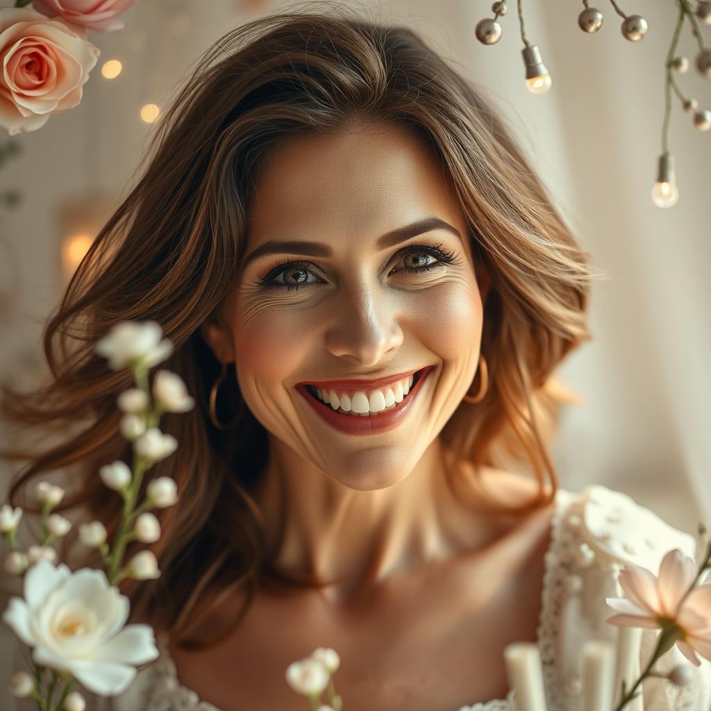 A beautiful, captivating scene showcasing the essence of excitement and joy, featuring a stunning, mature woman with a playful expression