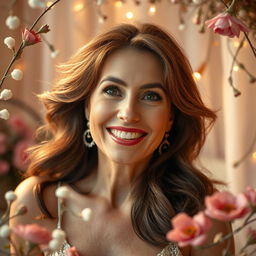 A beautiful, captivating scene showcasing the essence of excitement and joy, featuring a stunning, mature woman with a playful expression