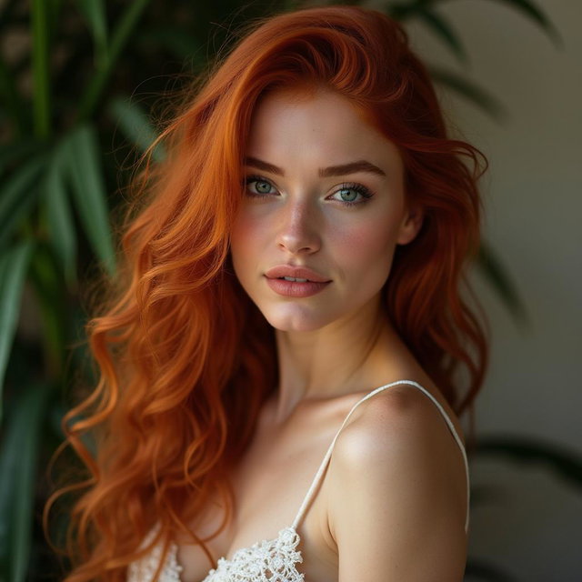 A stunning and artistic portrayal of a beautiful redhead woman, embracing her natural beauty in an elegant setting