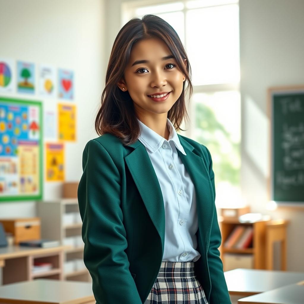 A young woman wearing a traditional school uniform, featuring a green blazer with a white shirt and plaid skirt