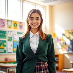A young woman wearing a traditional school uniform, featuring a green blazer with a white shirt and plaid skirt