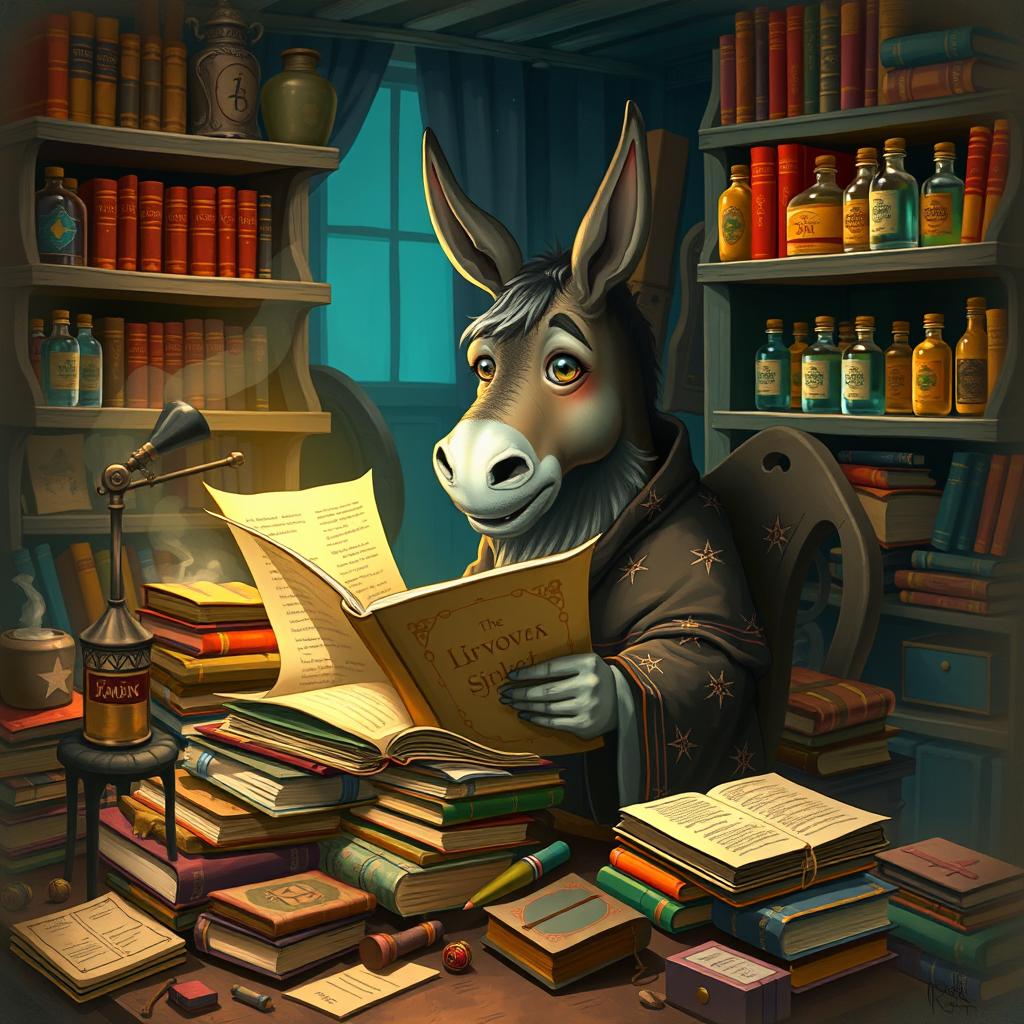 A whimsical scene featuring a wizard with a donkey's head, immersed in reading a large, ancient book