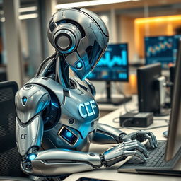 A futuristic robot working diligently on a sleek computer
