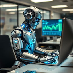 A futuristic robot working diligently on a sleek computer