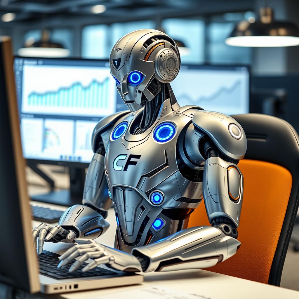 A futuristic robot working diligently on a sleek computer