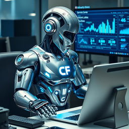 A futuristic robot working diligently on a sleek computer