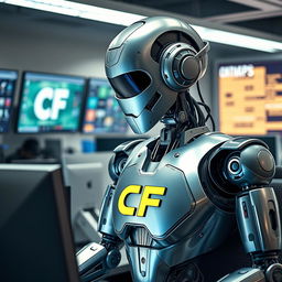 A futuristic robot focused intently on a computer screen, its metallic body gleaming under soft office lighting