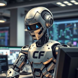 A futuristic robot focused intently on a computer screen, its metallic body gleaming under soft office lighting