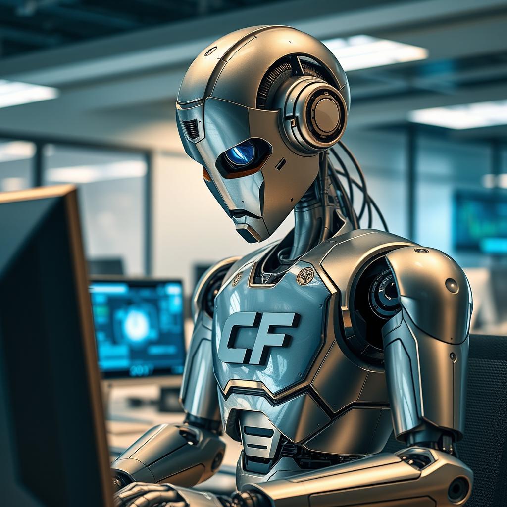 A futuristic robot focused intently on a computer screen, its metallic body gleaming under soft office lighting