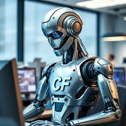 A futuristic robot focused intently on a computer screen, its metallic body gleaming under soft office lighting