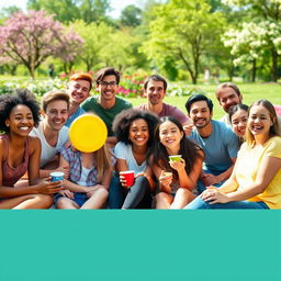 A vibrant group photo showcasing a diverse group of friends enjoying a sunny day