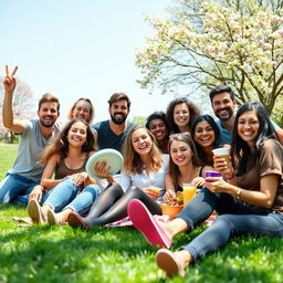 A vibrant group photo showcasing a diverse group of friends enjoying a sunny day
