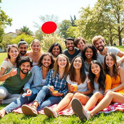 A vibrant group photo showcasing a diverse group of friends enjoying a sunny day
