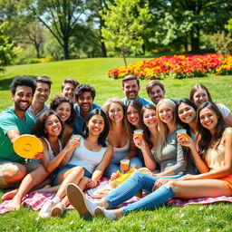 A vibrant group photo showcasing a diverse group of friends enjoying a sunny day