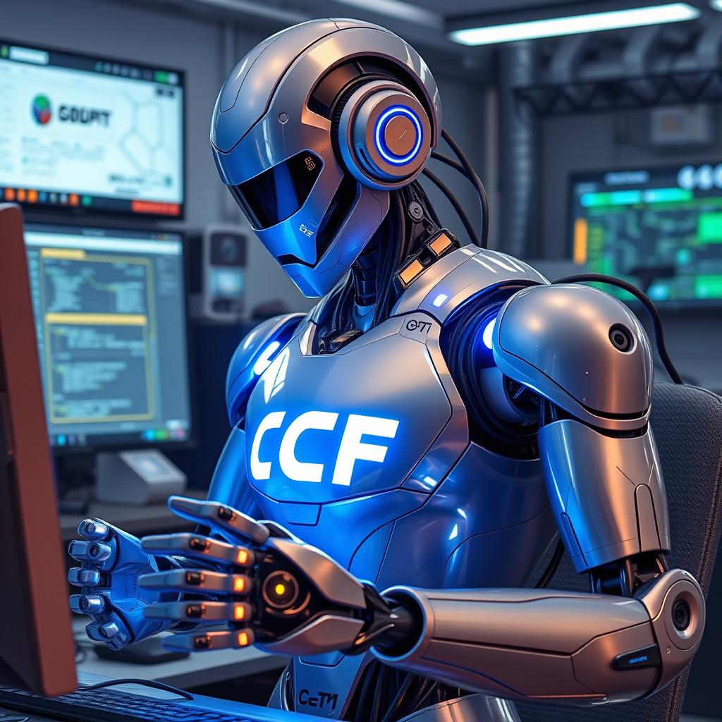 A modern robot engaging with a computer, showcasing its sleek, articulated design with polished metallic surfaces and glowing accents