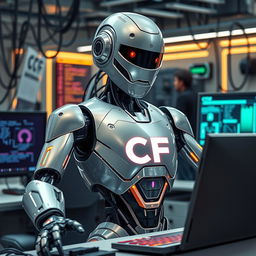 A modern robot engaging with a computer, showcasing its sleek, articulated design with polished metallic surfaces and glowing accents