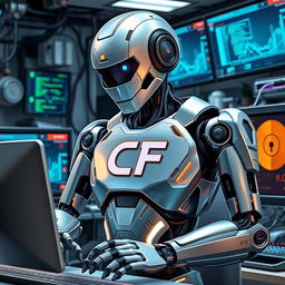 A modern robot engaging with a computer, showcasing its sleek, articulated design with polished metallic surfaces and glowing accents