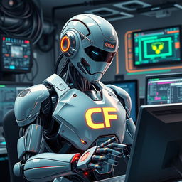 A modern robot engaging with a computer, showcasing its sleek, articulated design with polished metallic surfaces and glowing accents