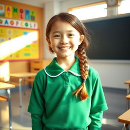 A cheerful school girl wearing a green school uniform inside a classroom, standing with a bright smile