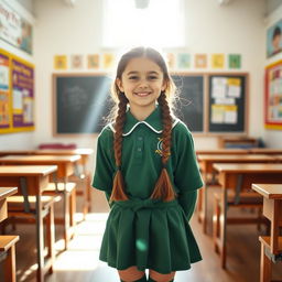 A cheerful school girl wearing a green school uniform inside a classroom, standing with a bright smile