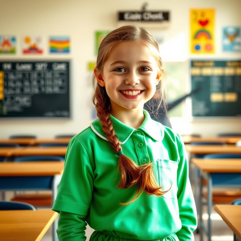 A cheerful school girl wearing a green school uniform inside a classroom, standing with a bright smile