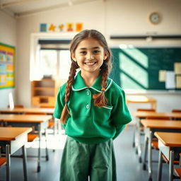 A cheerful school girl wearing a green school uniform inside a classroom, standing with a bright smile