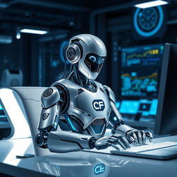A futuristic robot sitting at a sleek modern desk, actively working on a computer