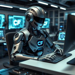 A futuristic robot sitting at a sleek modern desk, actively working on a computer
