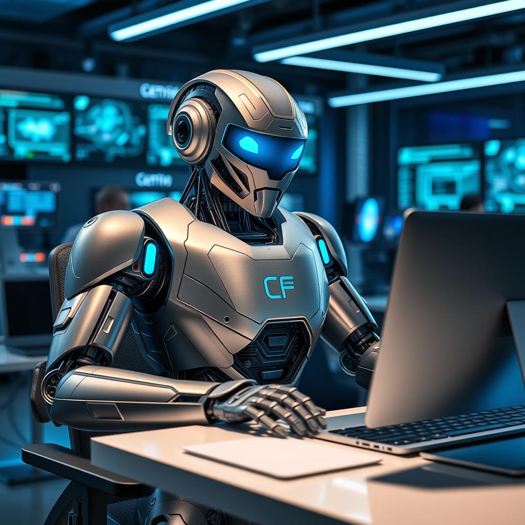 A futuristic robot sitting at a sleek modern desk, actively working on a computer