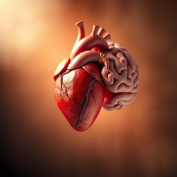 A hyper-realistic image of a heart and a brain intertwining with each other, symbolizing the connection between emotions and intellect