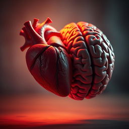 A hyper-realistic image of a heart and a brain intertwining with each other, symbolizing the connection between emotions and intellect
