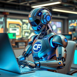 A futuristic robot focused on its work at a sleek, modern desk, interacting with a computer